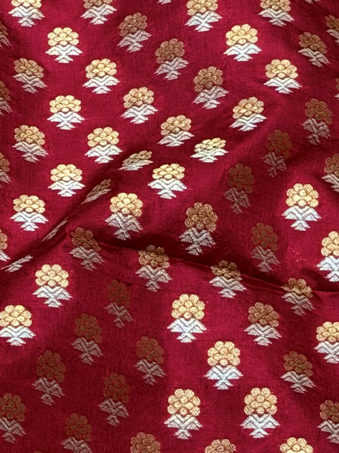 Deep Red Katan Silk Sona - Rupa Allover Floral Booti Fabric