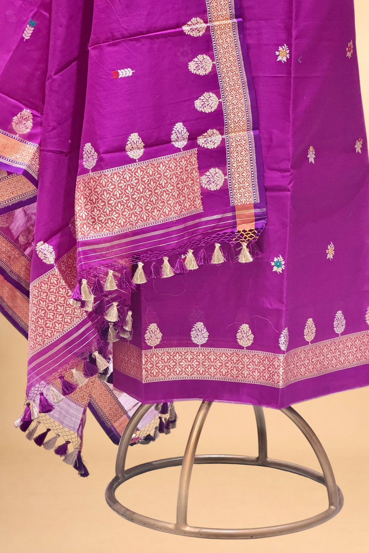 Magenta Pink Premium Cotton Banarasi Suit With Meenakari Floral Motif