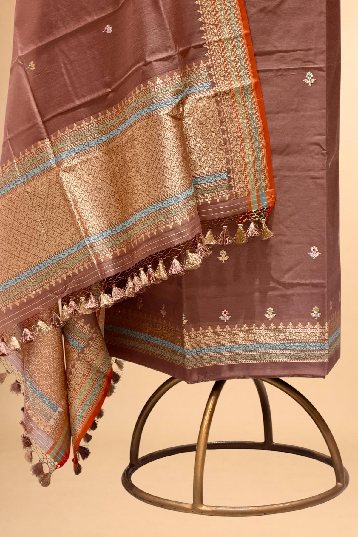 Mauve Brown Premium Cotton Banarasi Suit With Meenakari Floral Motif