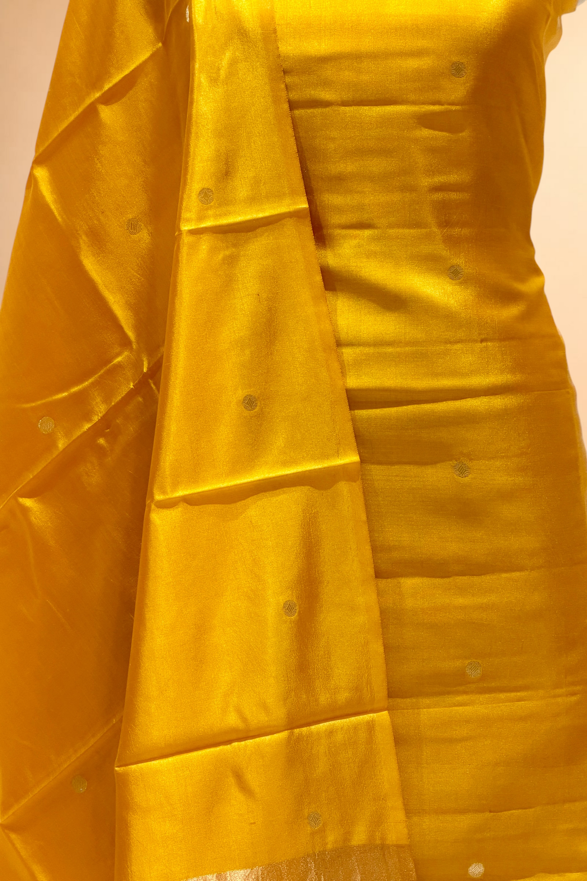 Mustard Yellow Soft Silk Suit Set With Tissue Border Dupatta