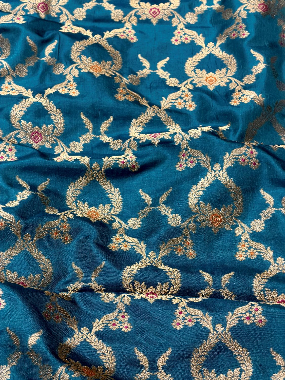 Teal Katan Silk Meenakari Jaal Fabric