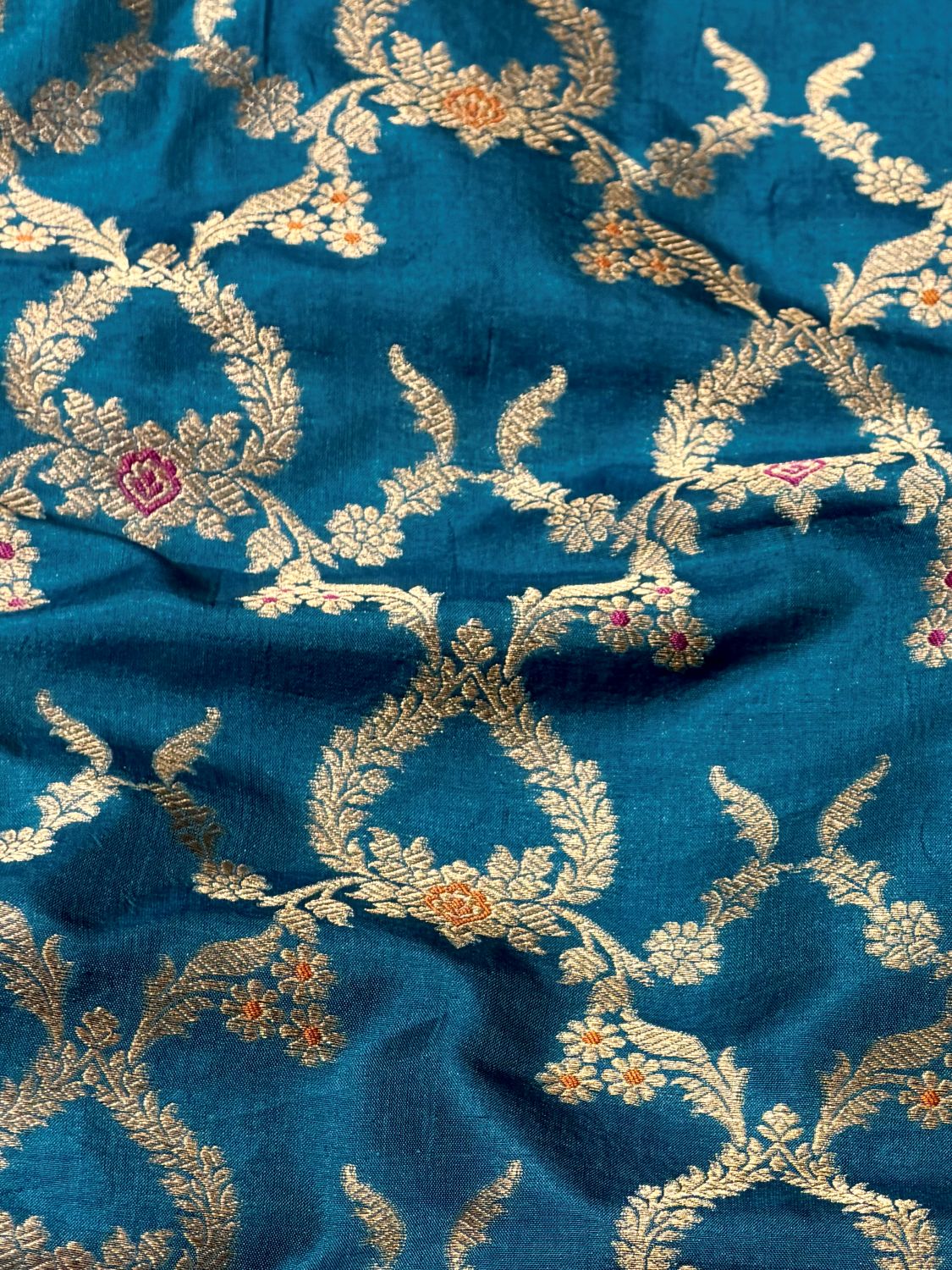Teal Katan Silk Meenakari Jaal Fabric