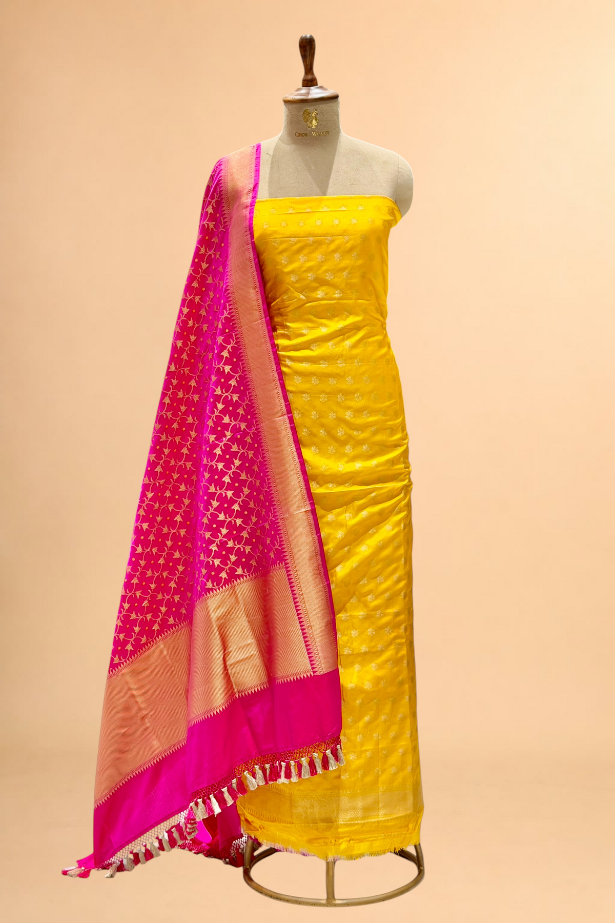 Yellow Pure Katan Suit Set With Pink Dupatta