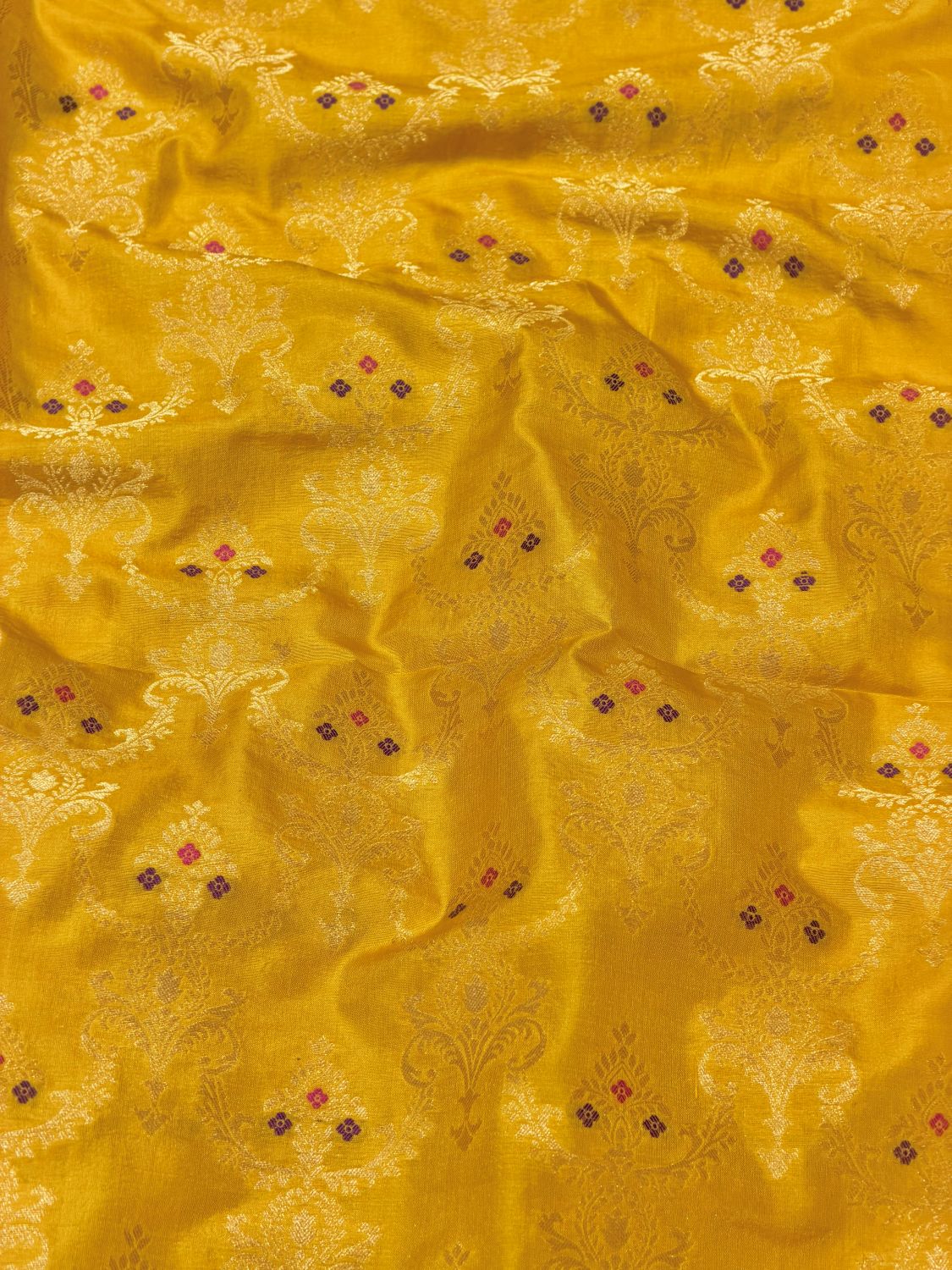 Yellow Katan Silk Meenakari Jaal Fabric