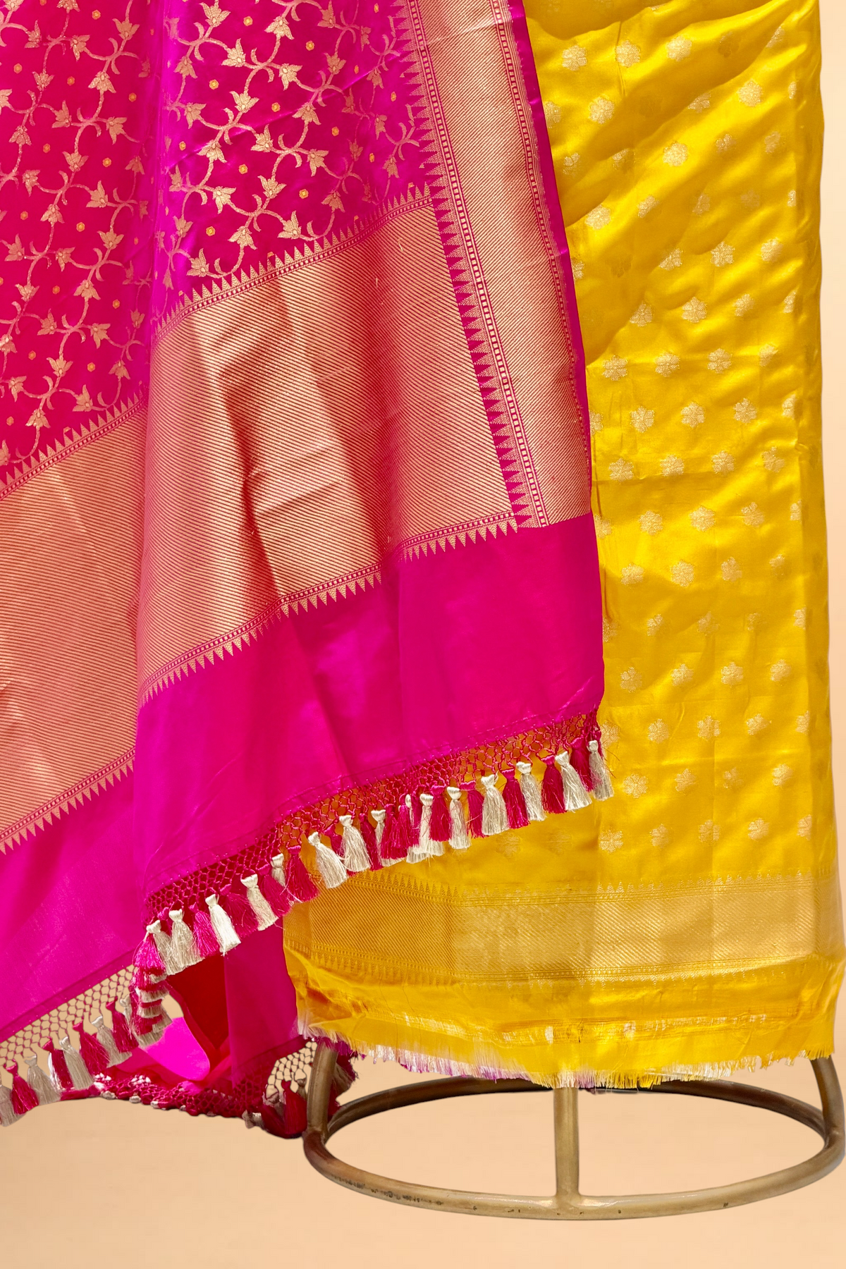 Yellow Pure Katan Suit Set With Pink Dupatta