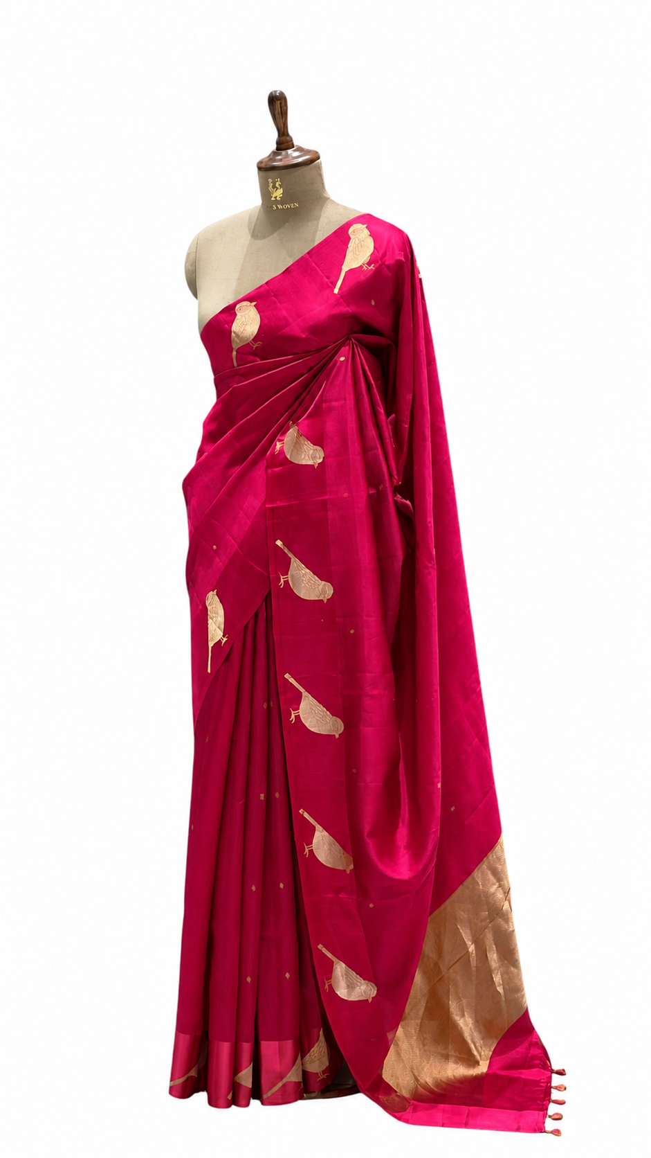 Bright Pink Pure Banrasi Soft Silk Saree With Bird Motifs