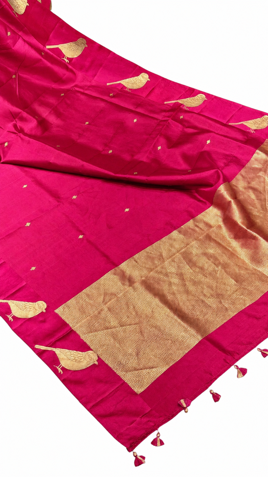 Bright Pink Pure Banrasi Soft Silk Saree With Bird Motifs