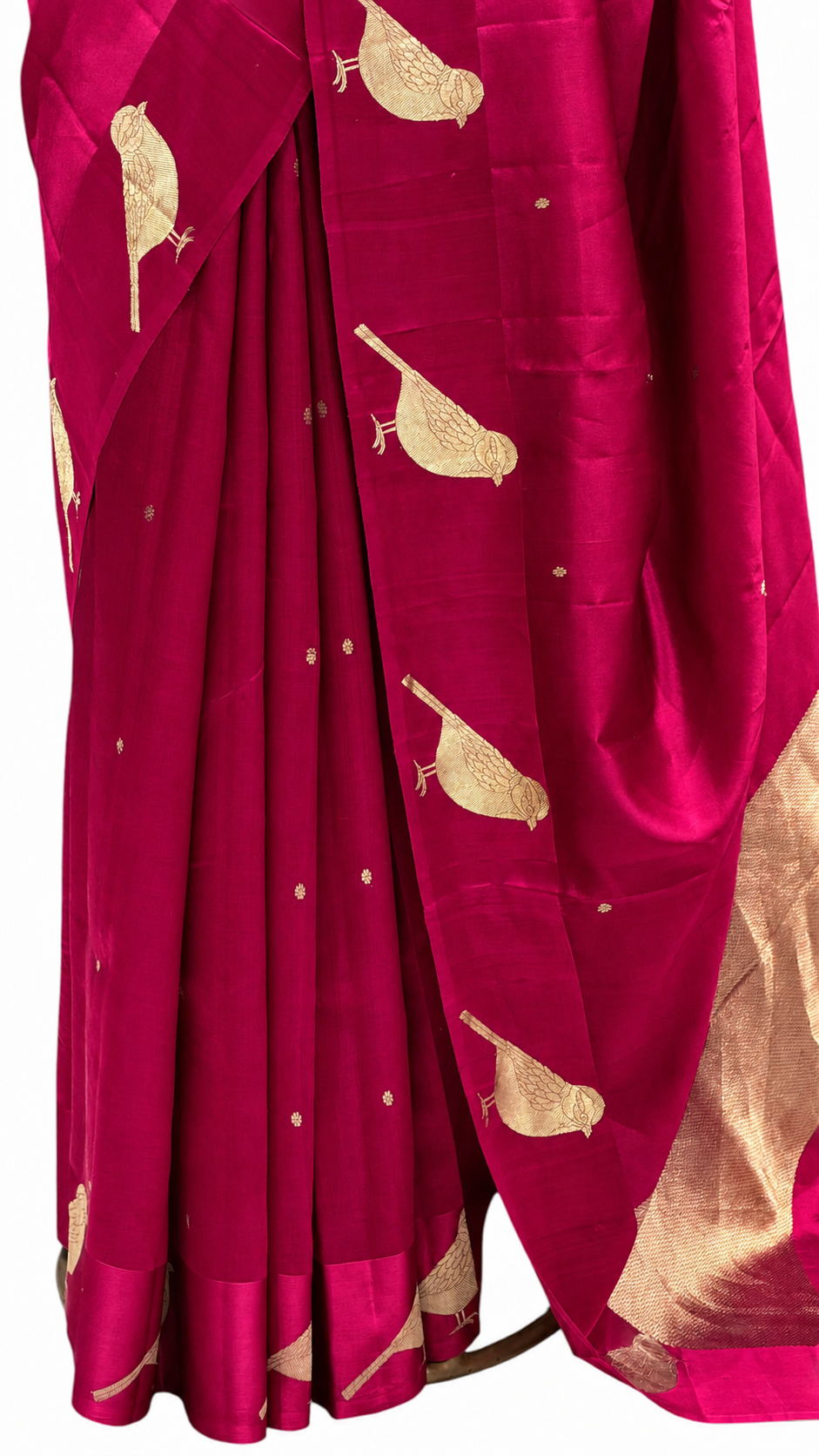 Bright Pink Pure Banrasi Soft Silk Saree With Bird Motifs