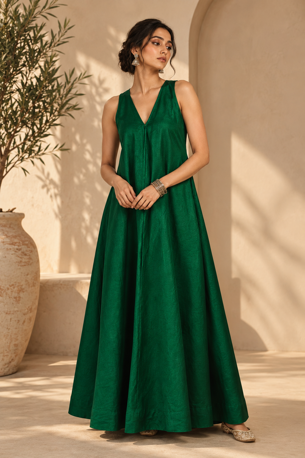 Emerald Green Plain Pure Chiniya Silk Fabric