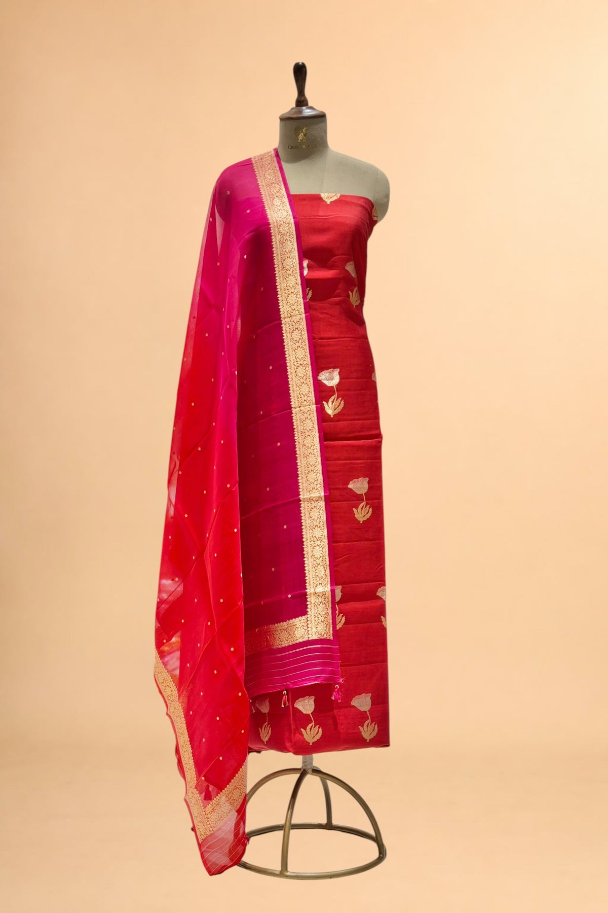 Red Pure Chiniya Silk Suit Set with ombré Dye Dupatta