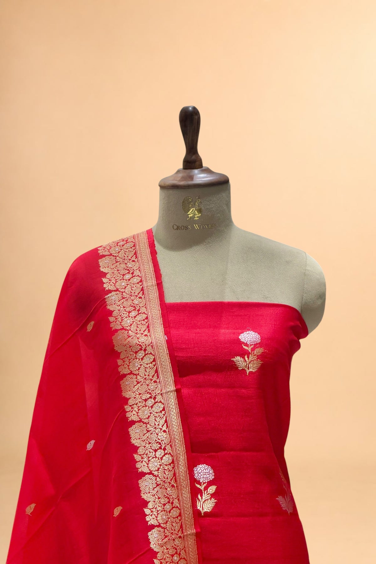 Red Pure Chiniya Silk Suit Set with Organza Dupatta