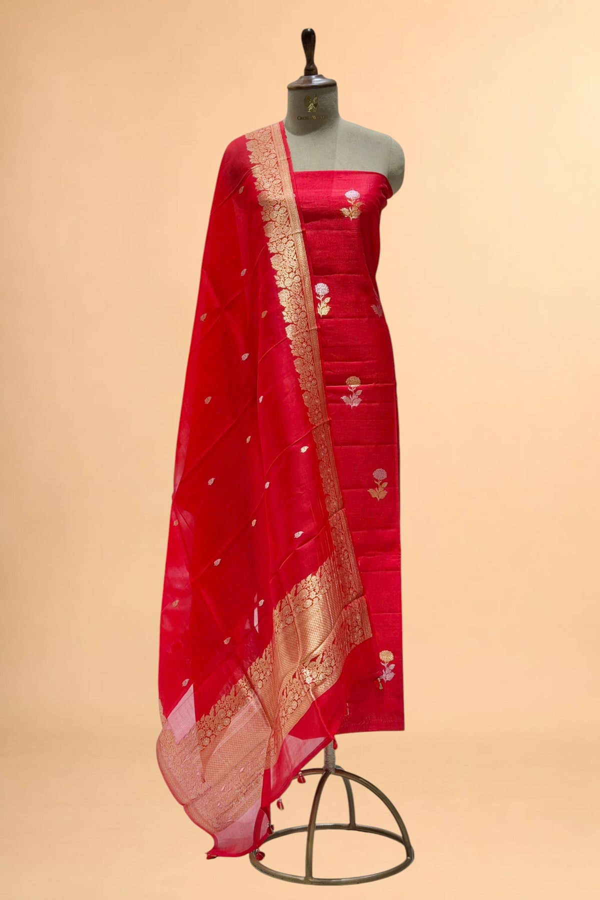 Red Pure Chiniya Silk Suit Set with Organza Dupatta