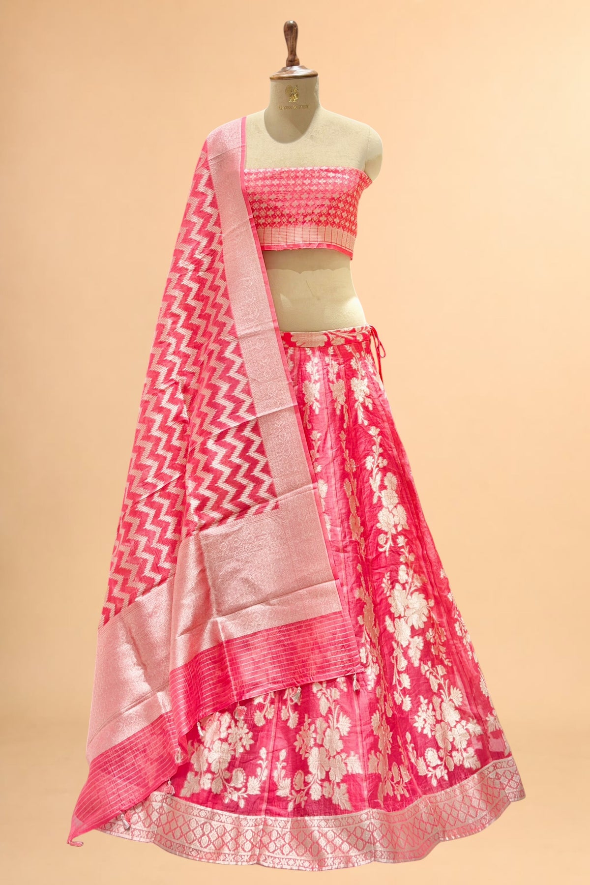 Rose Pink Floral Banarasi Pure Organza Silk Lehenga