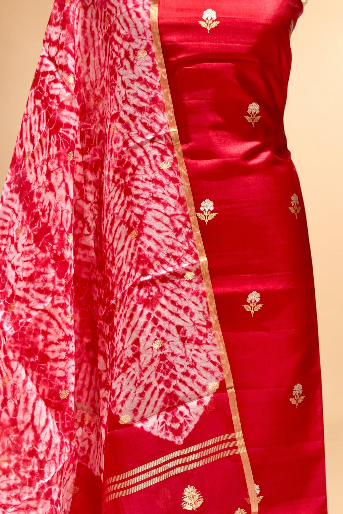 Red Pure Soft Silk Suit Set With Organza Shibori Dye Dupatta