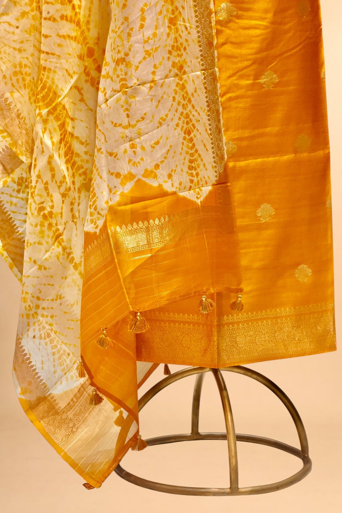 Yellow Pure Soft Silk Suit Set With Organza Shibori Dye Dupatta