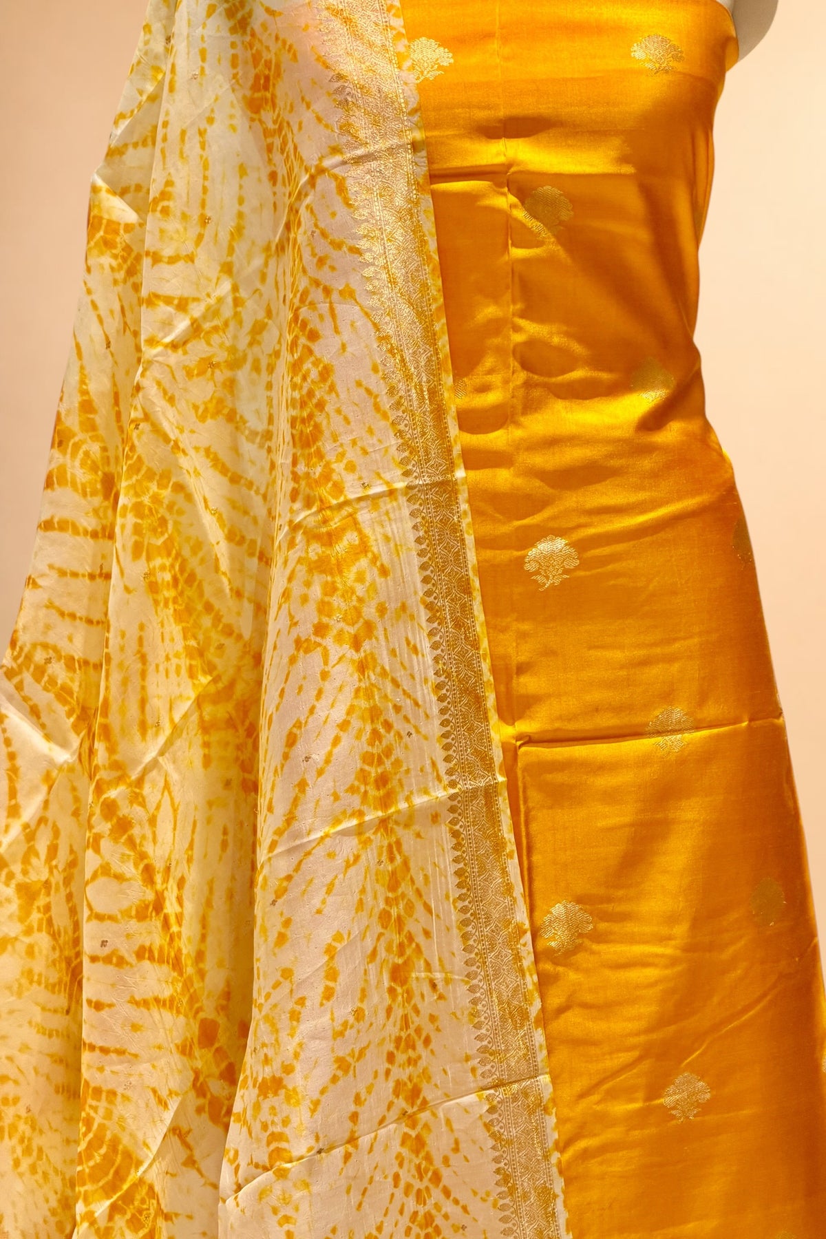 Yellow Pure Soft Silk Suit Set With Organza Shibori Dye Dupatta