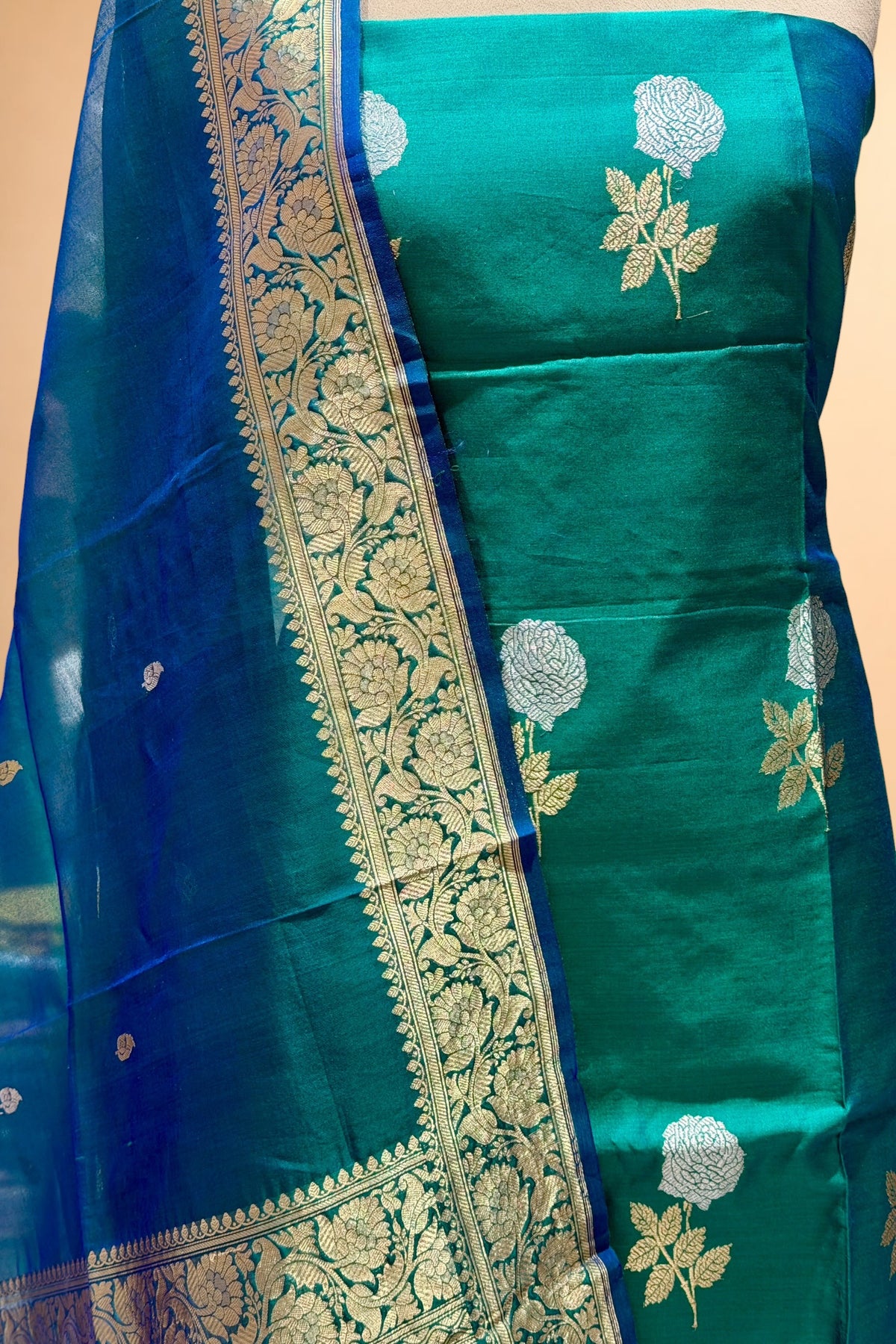Peacock Green Pure Chiniya Silk Suit Set