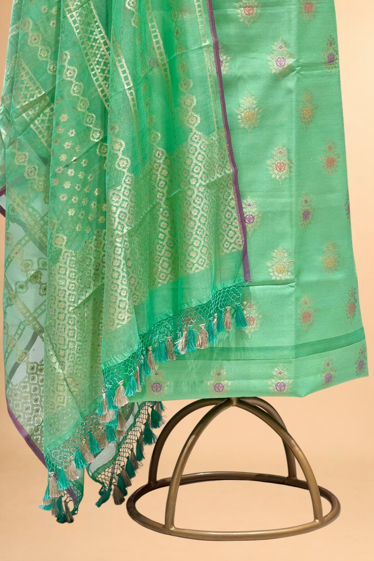 Aqua Green Banarasi Pure Fine Raw Silk Suit Set with Meena Kora Net Dupatta