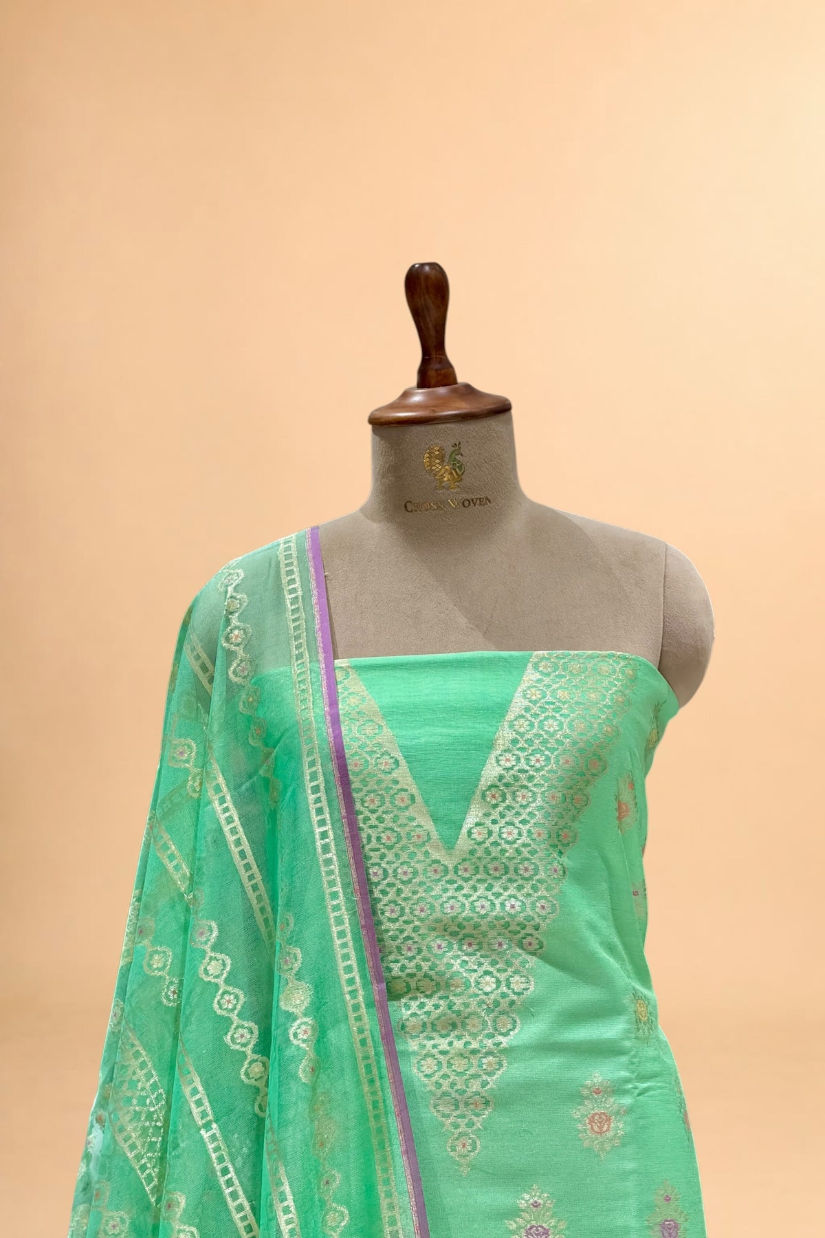 Aqua Green Banarasi Pure Fine Raw Silk Suit Set with Meena Kora Net Dupatta