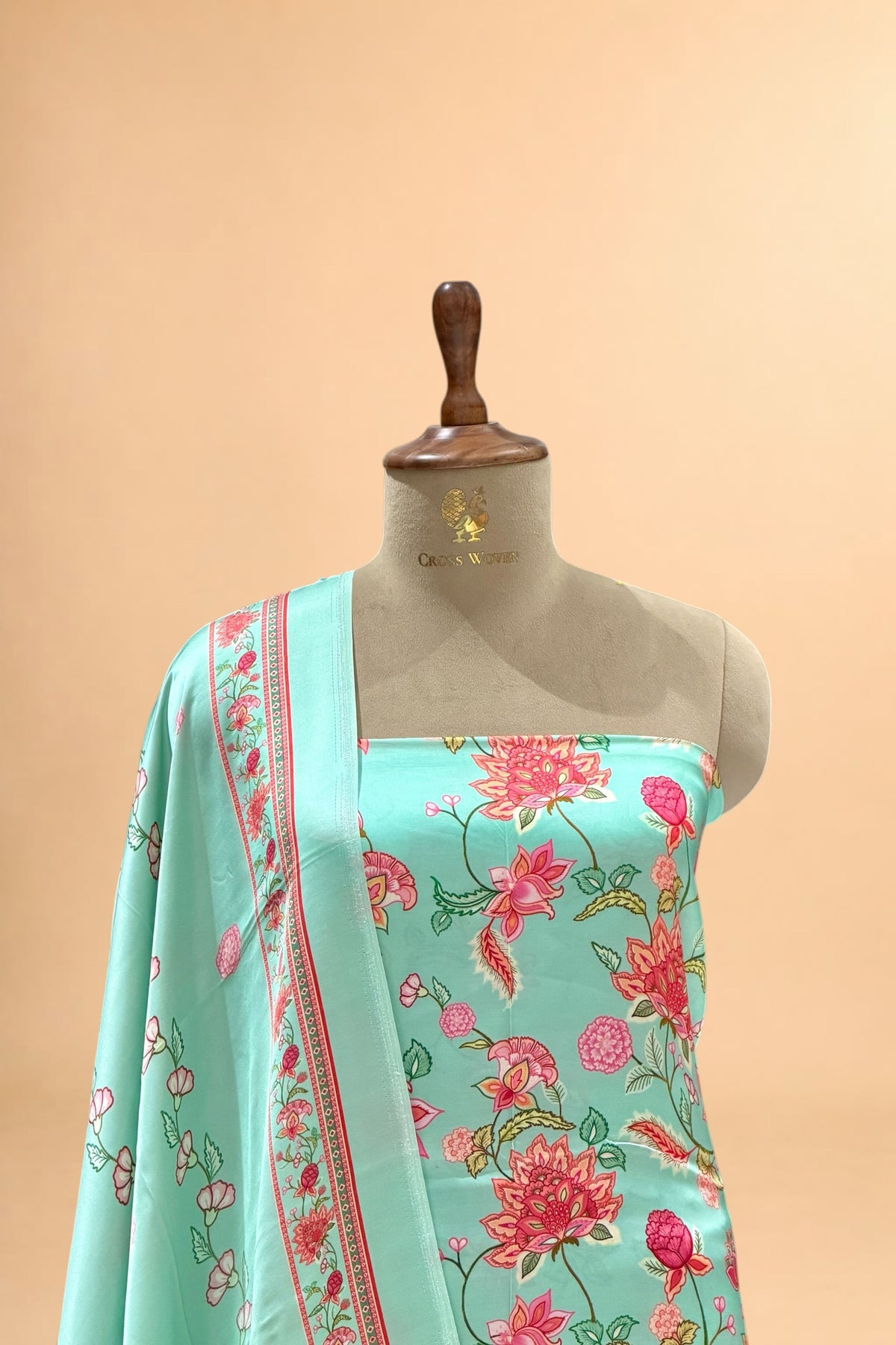 Aqua Mint Green Printed Pure Muslin Silk Unstitched Suit Set