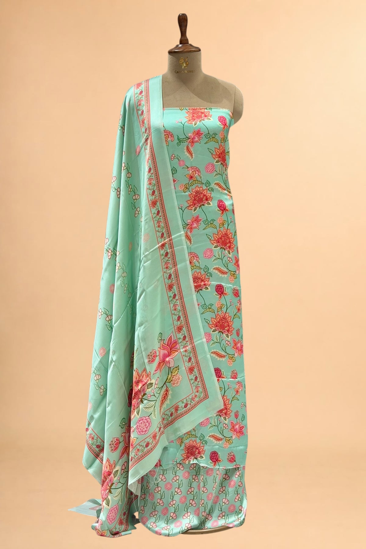 Aqua Mint Green Printed Pure Muslin Silk Unstitched Suit Set