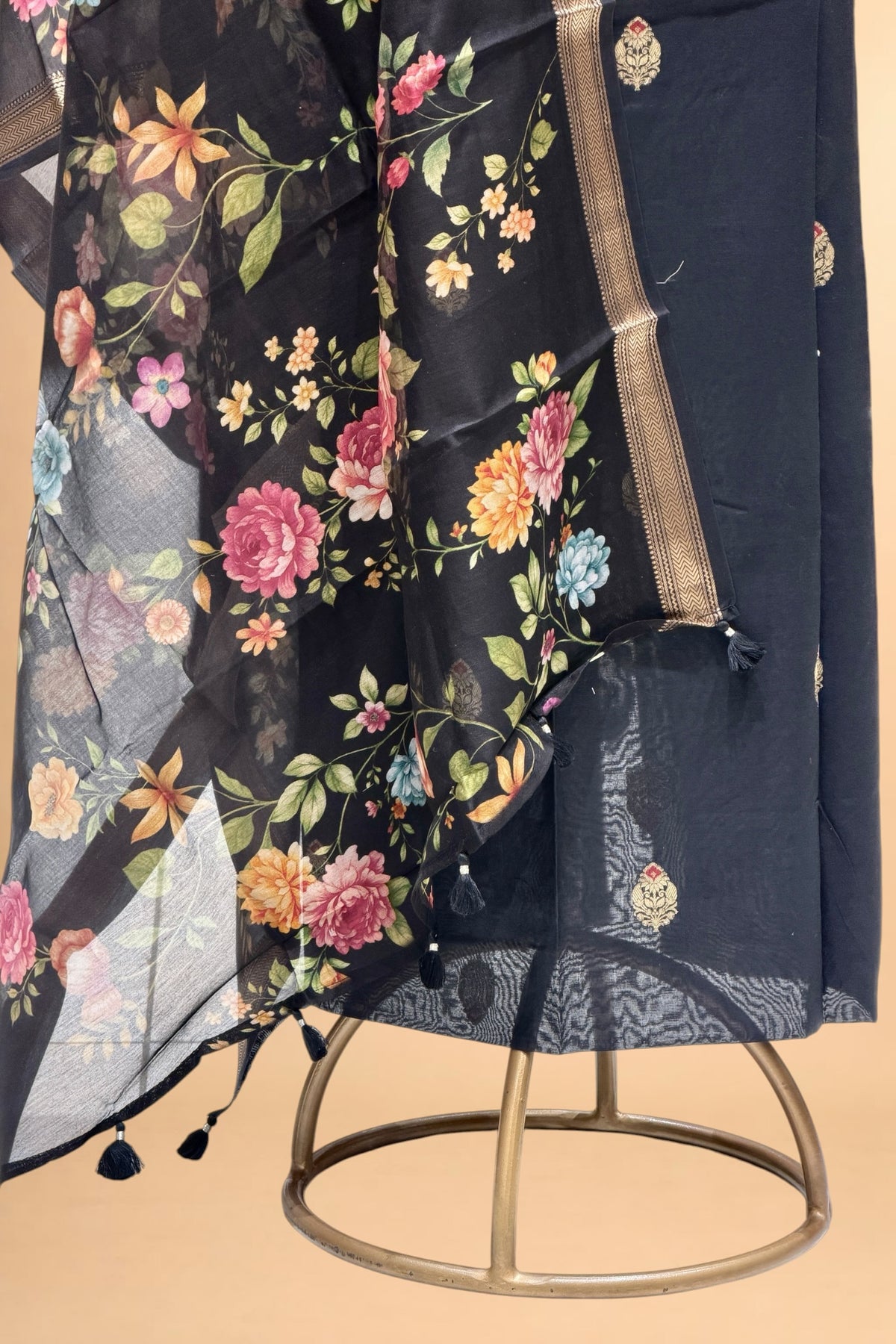 Black Chanderi Silk Suit Set With Printed Dupatta