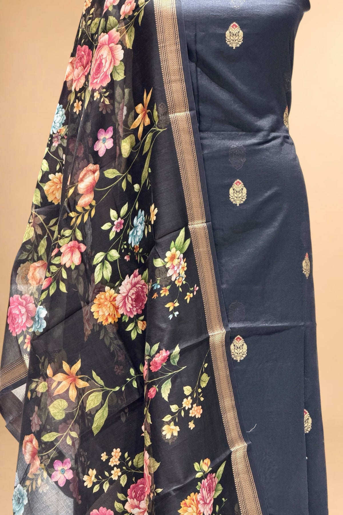 Black Chanderi Silk Suit Set With Printed Dupatta