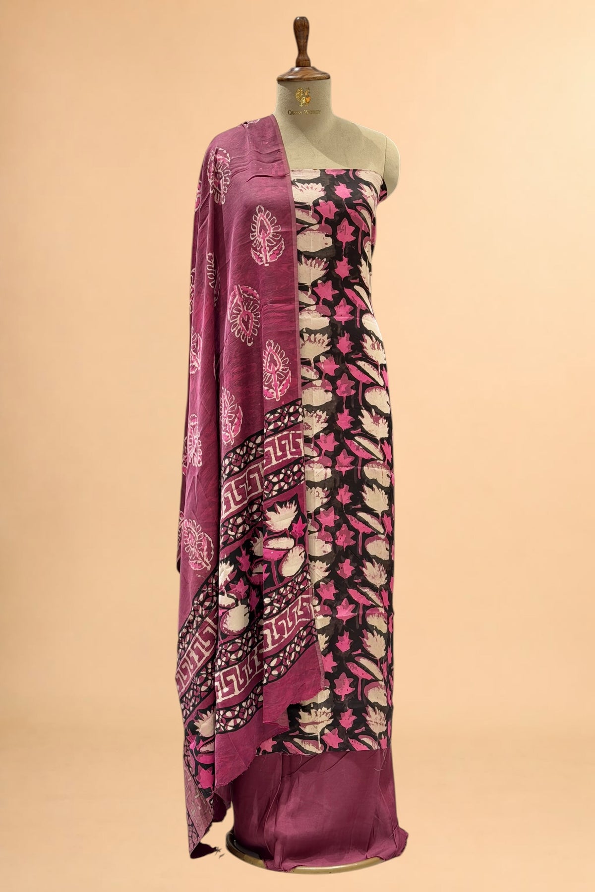 Black & Pink Block Print Pure Muslin Silk Suit Set