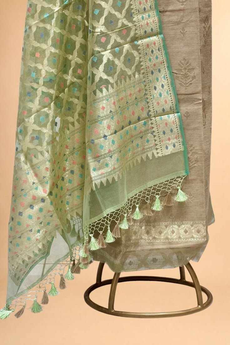 Champagne Beige Banarasi Pure Fine Raw Silk Suit Set with Meena Kora Net Dupatta