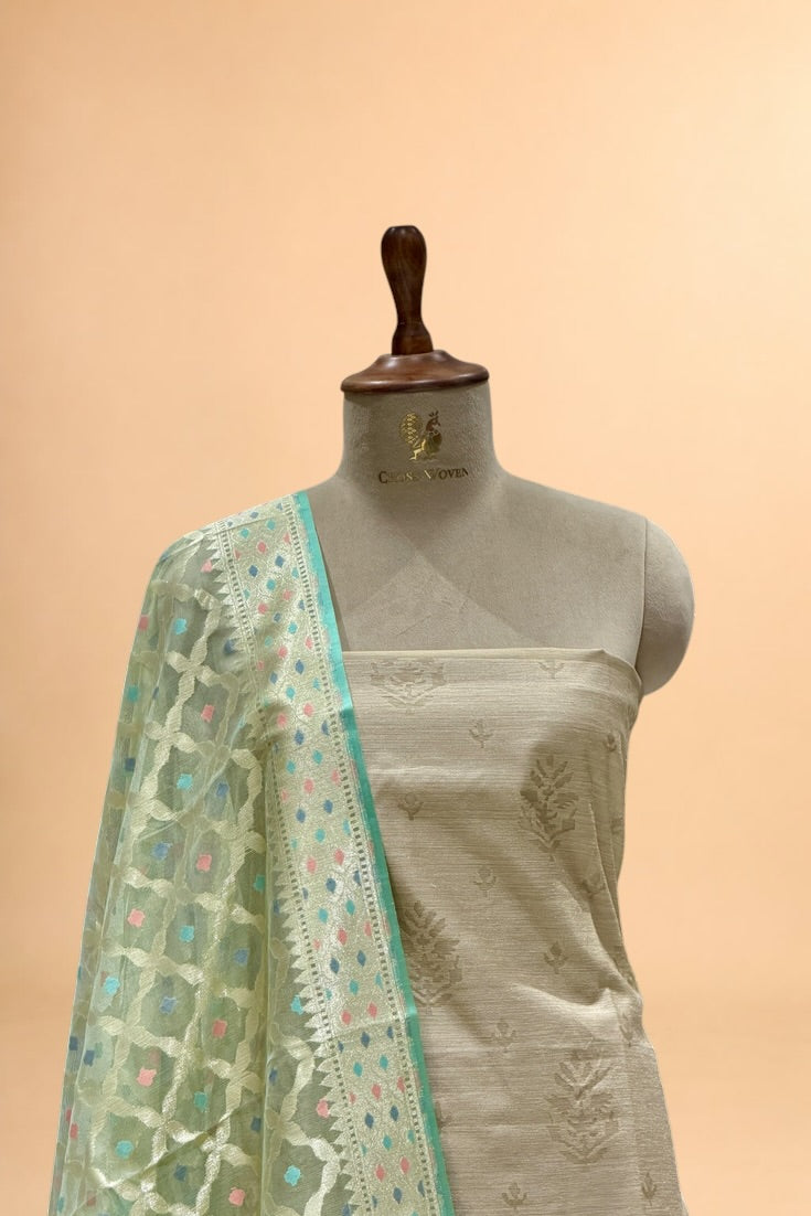 Champagne Beige Banarasi Pure Fine Raw Silk Suit Set with Meena Kora Net Dupatta