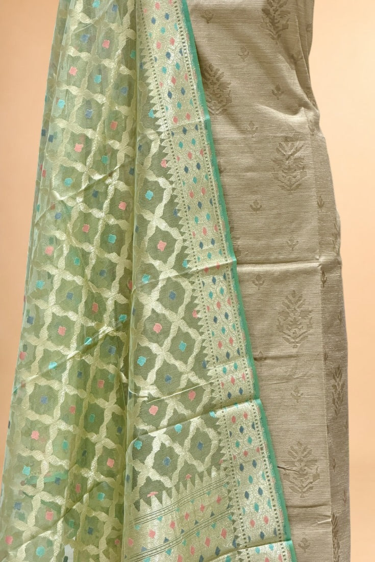 Champagne Beige Banarasi Pure Fine Raw Silk Suit Set with Meena Kora Net Dupatta