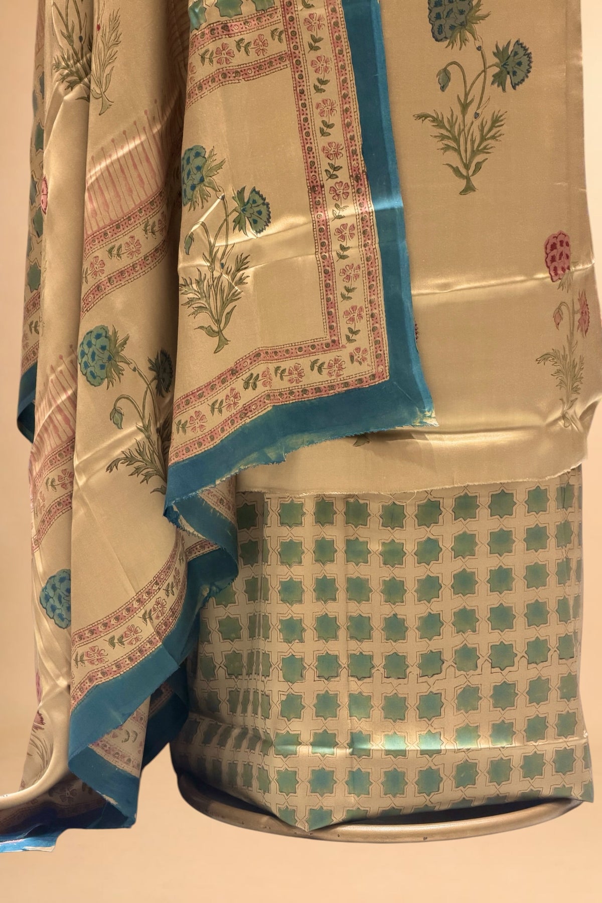 Champagne Gold Printed Pure Muslin Silk Unstitched Suit Set
