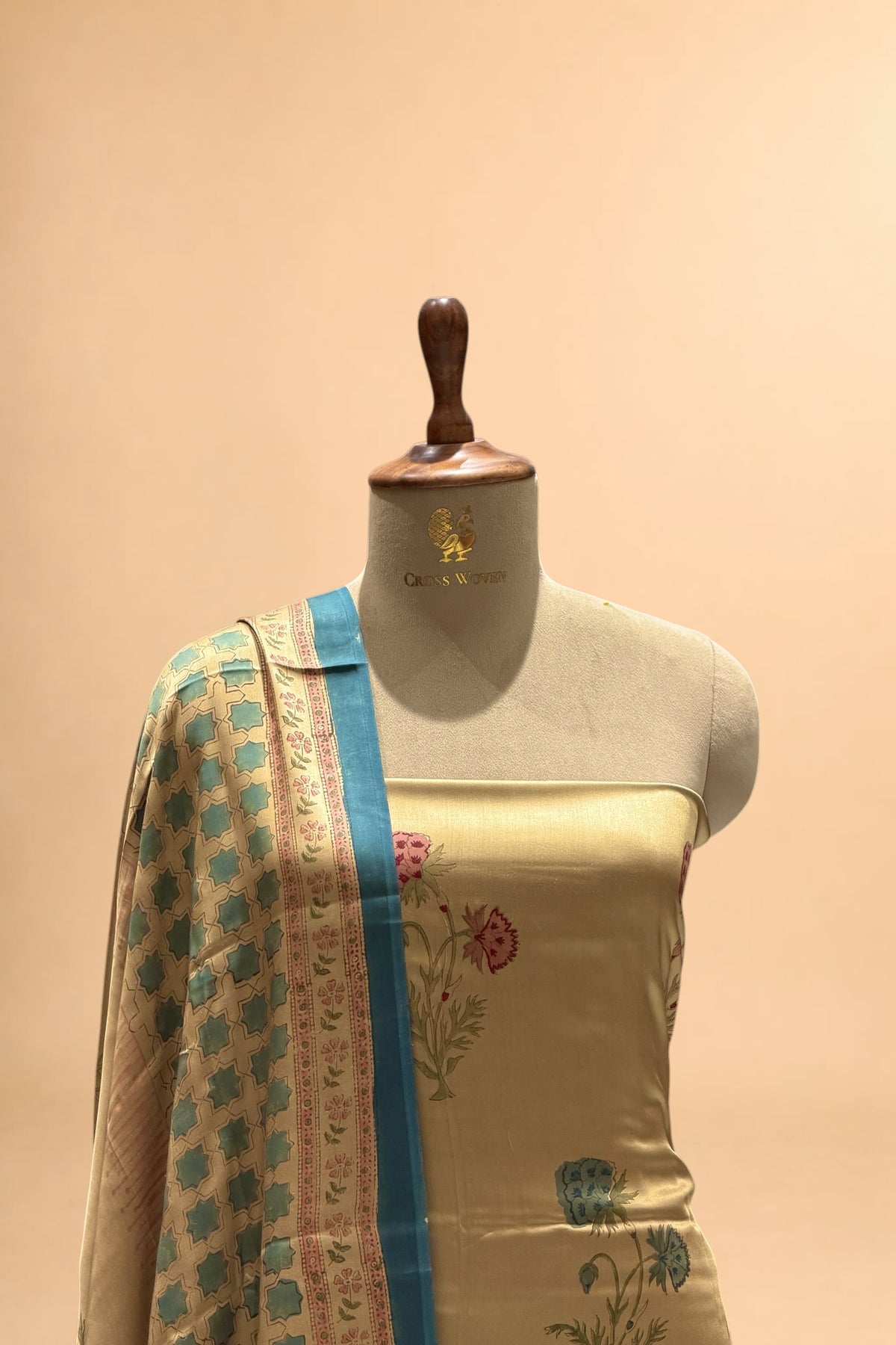 Champagne Gold Printed Pure Muslin Silk Unstitched Suit Set