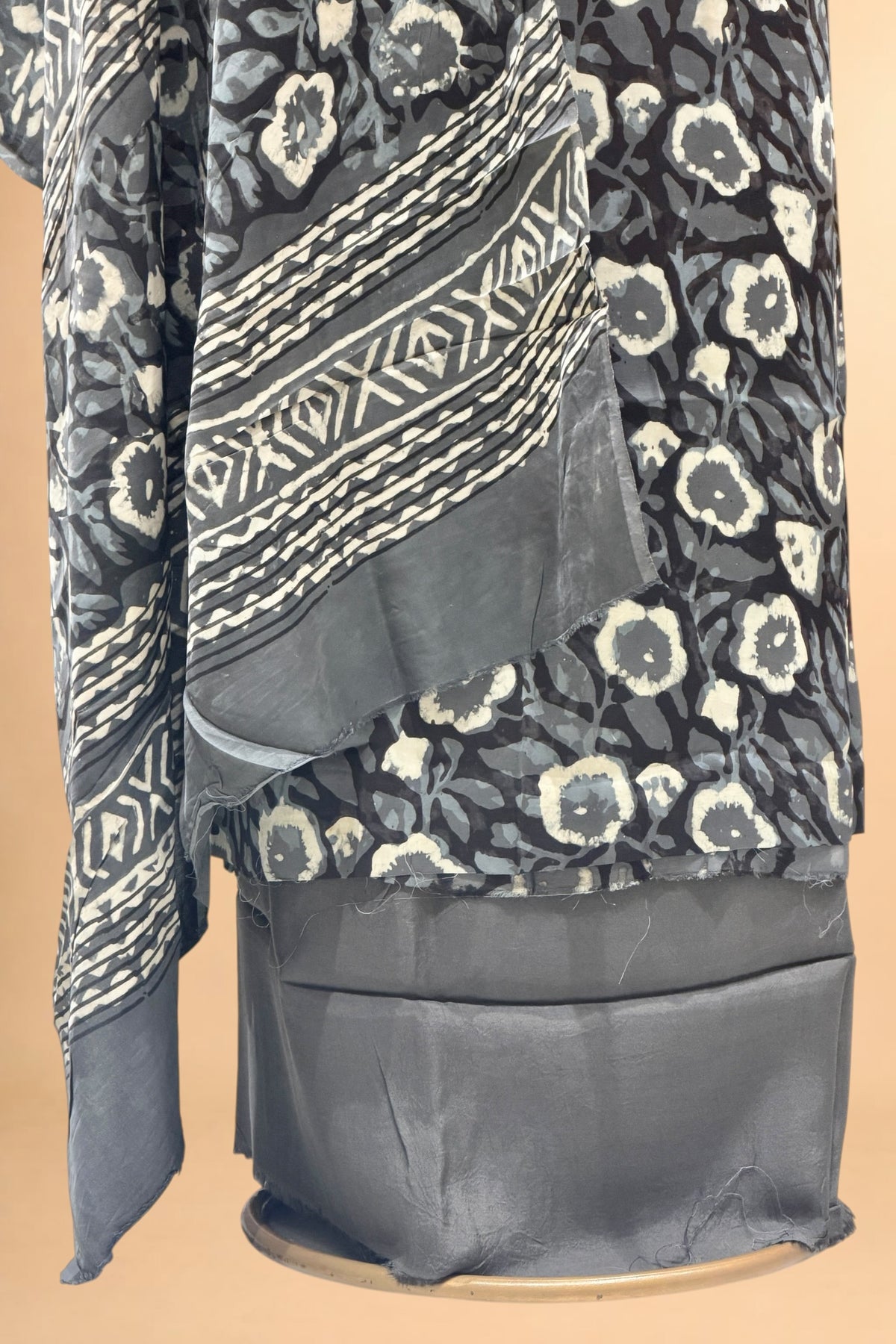 Charcoal Grey Block Print Pure Muslin Silk Suit Set
