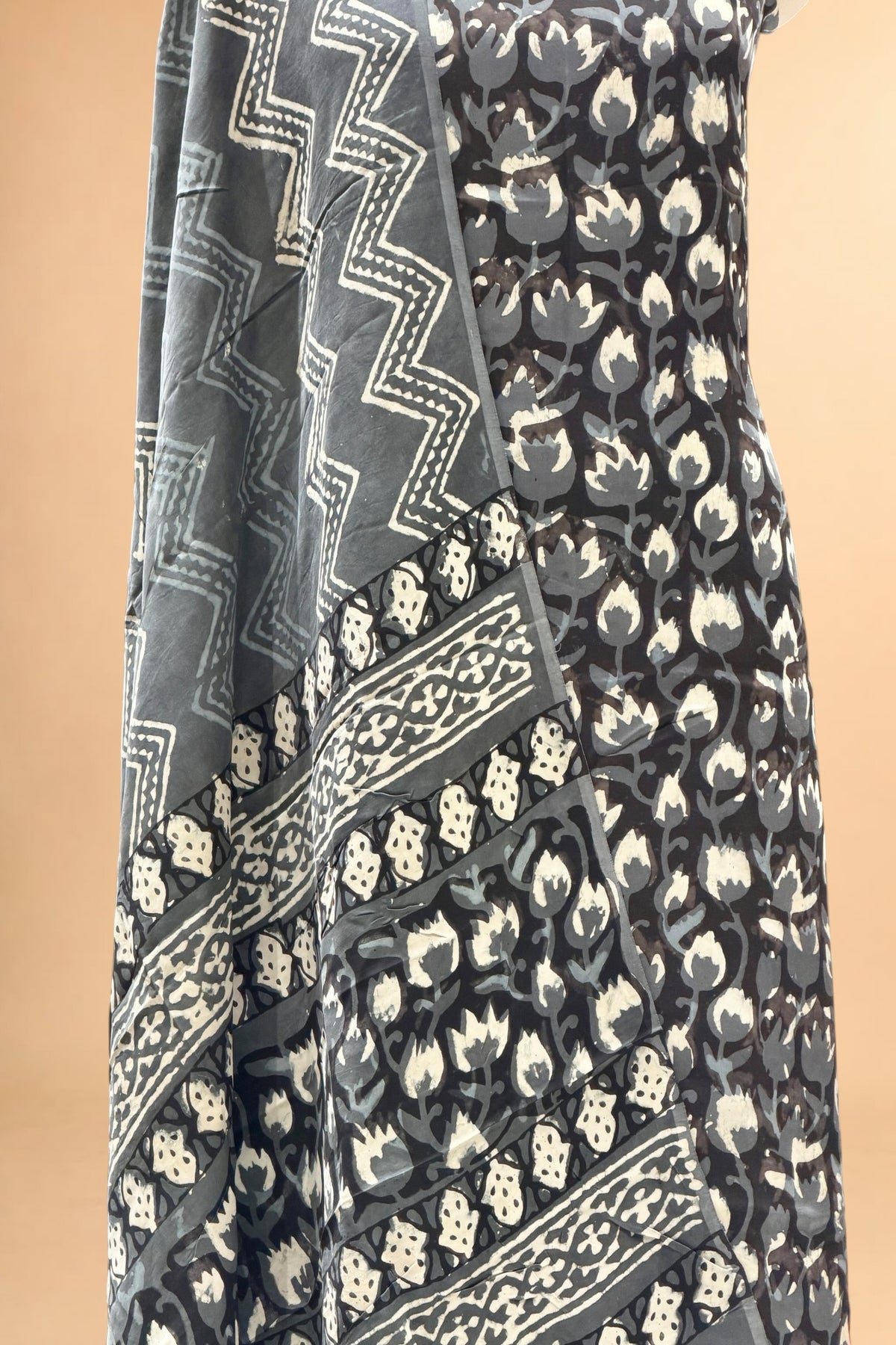 Charcoal Grey Block Print Pure Muslin Silk Suit Set