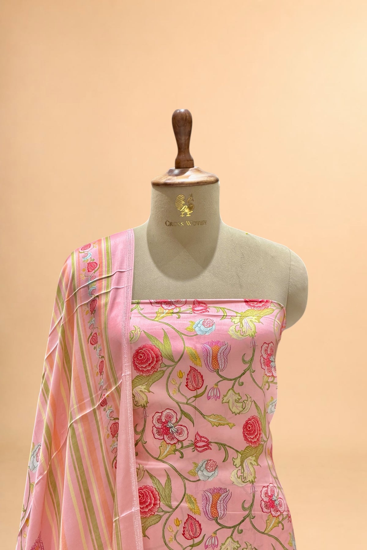 Coral Pink Printed Pure Muslin Silk Unstitched Suit Set