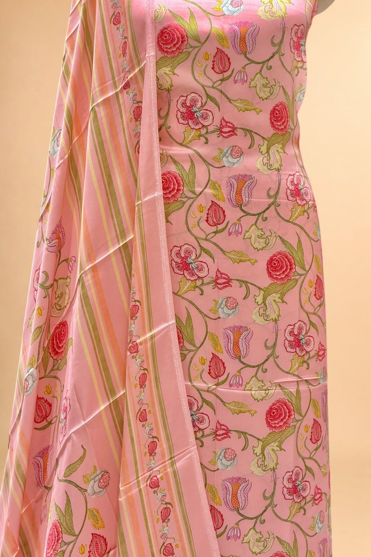 Coral Pink Printed Pure Muslin Silk Unstitched Suit Set