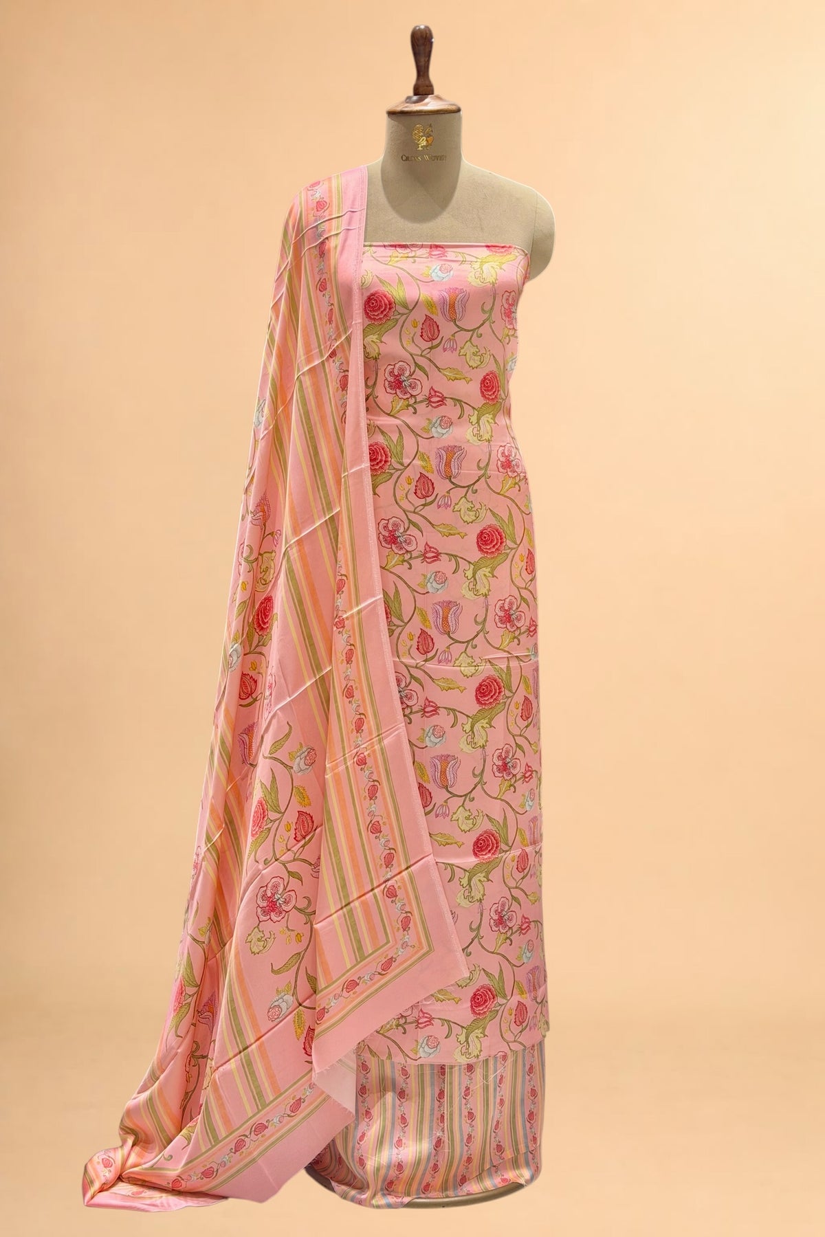 Coral Pink Printed Pure Muslin Silk Unstitched Suit Set
