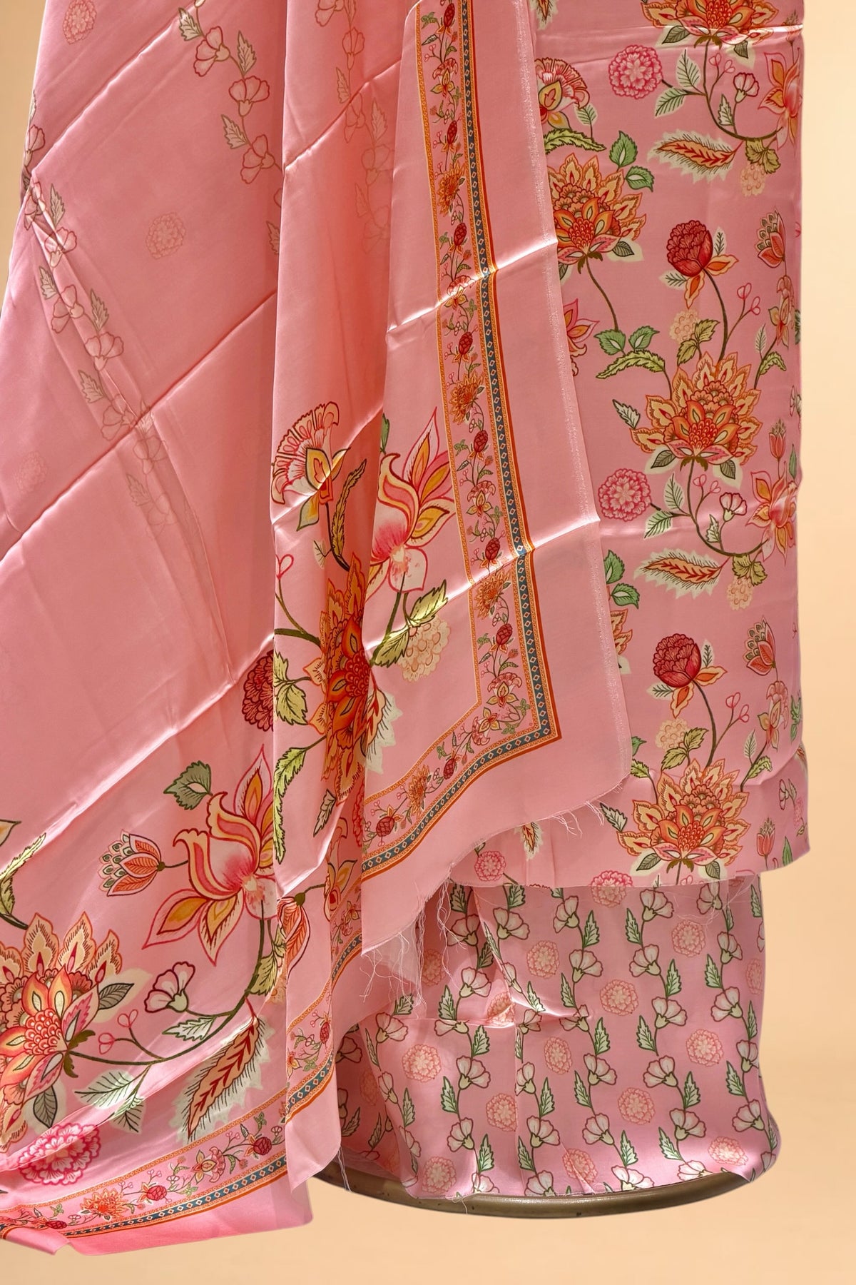 Coral Pink Printed Pure Muslin Silk Unstitched Suit Set