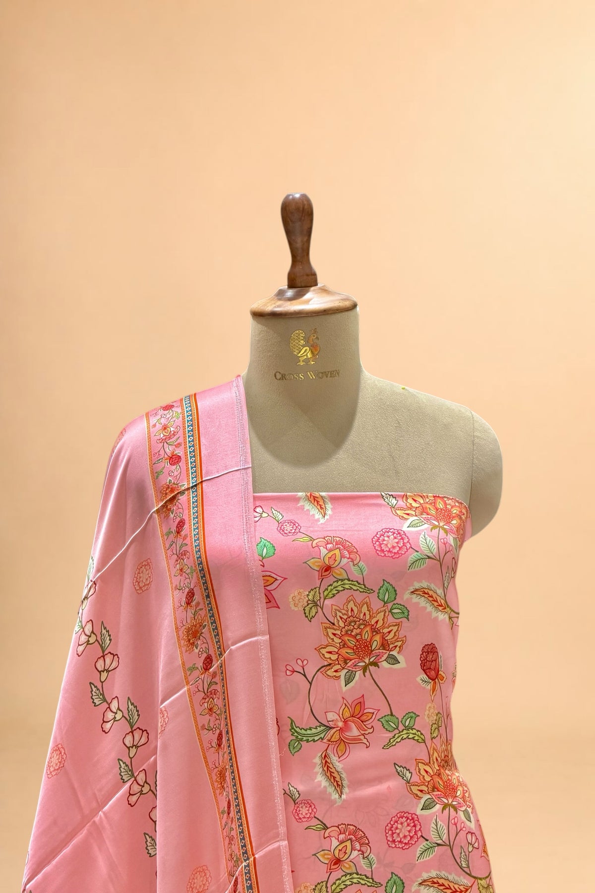 Coral Pink Printed Pure Muslin Silk Unstitched Suit Set