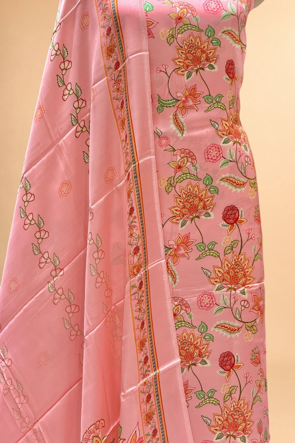 Coral Pink Printed Pure Muslin Silk Unstitched Suit Set