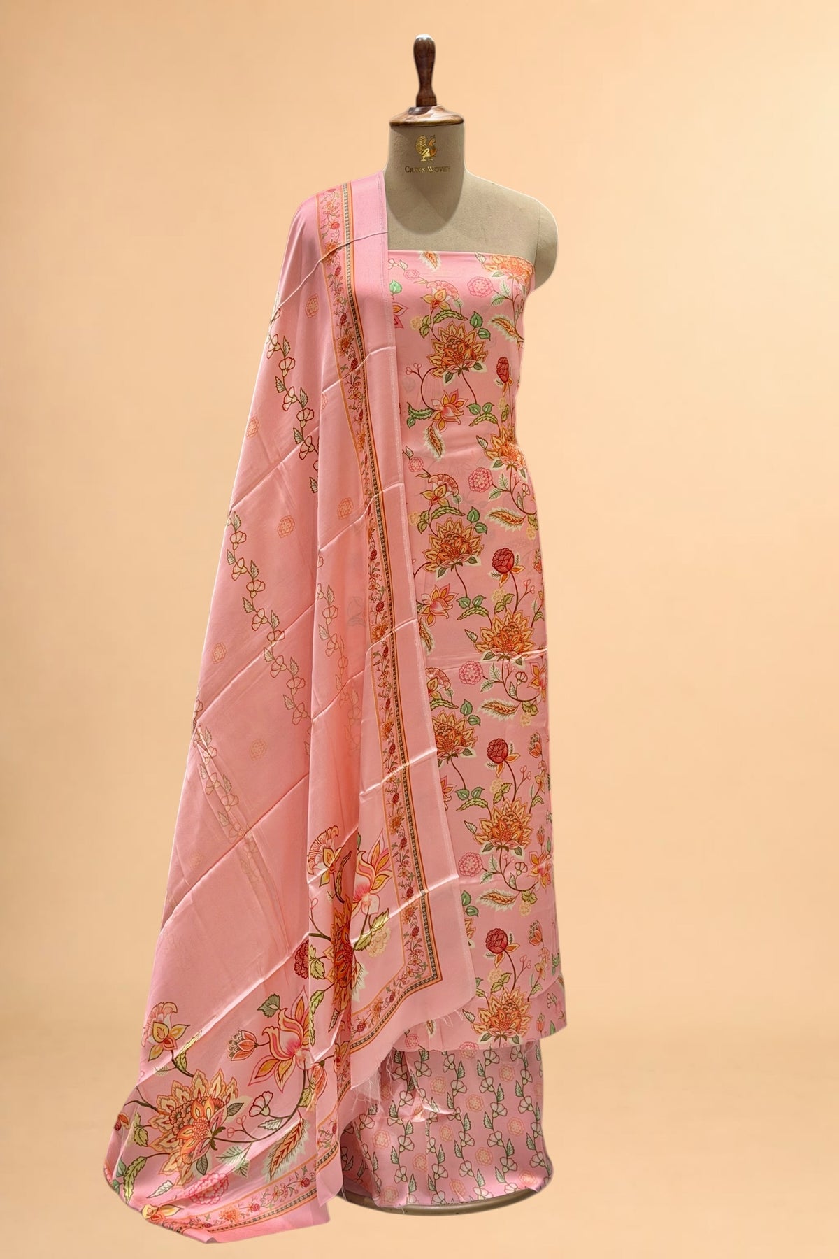 Coral Pink Printed Pure Muslin Silk Unstitched Suit Set