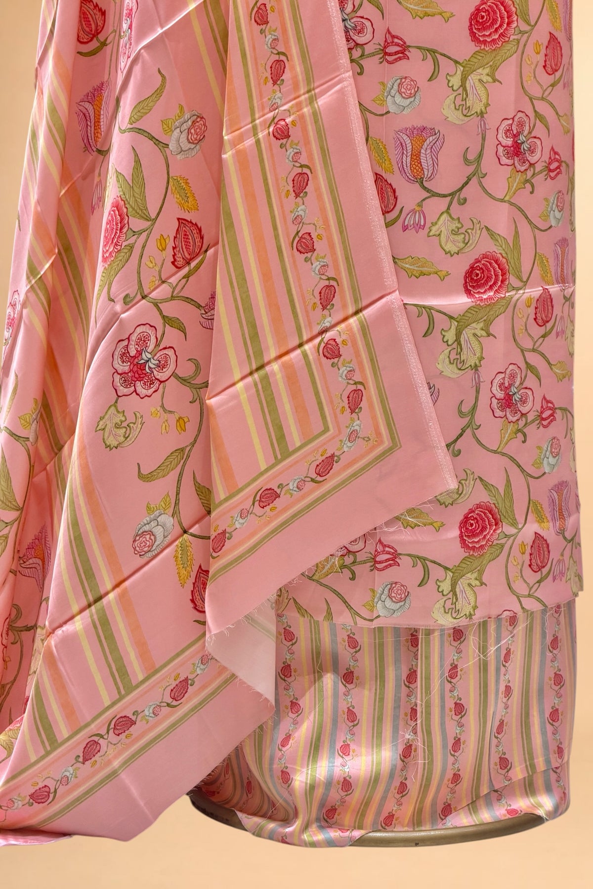 Coral Pink Printed Pure Muslin Silk Unstitched Suit Set