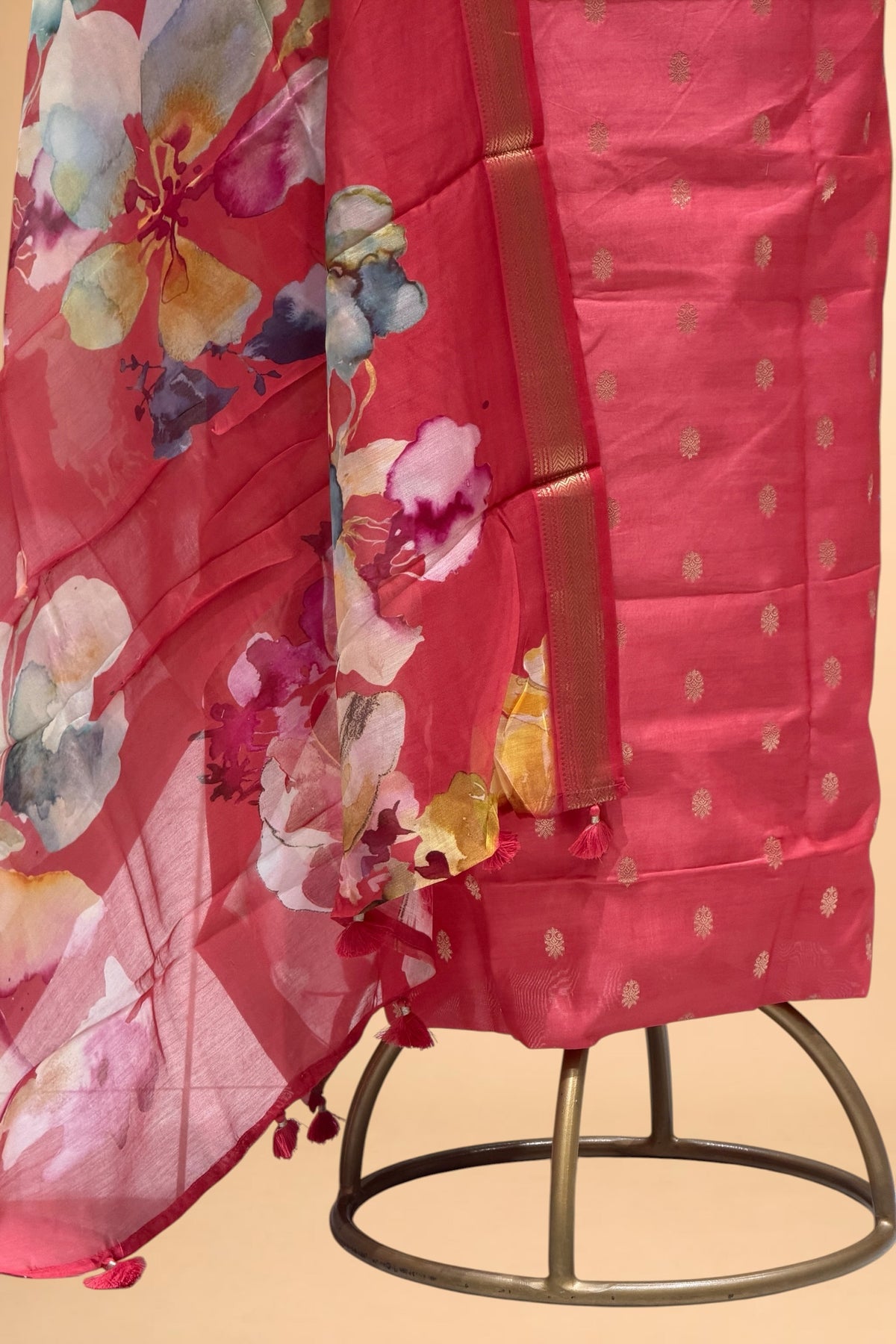 Coral Red Chanderi Silk Suit Set With Printed Dupatta
