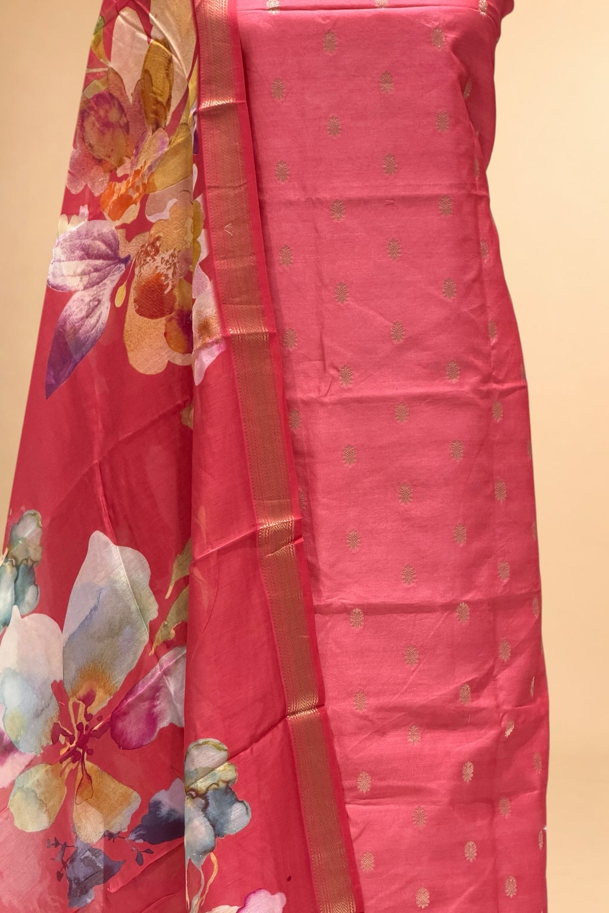 Coral Red Chanderi Silk Suit Set With Printed Dupatta