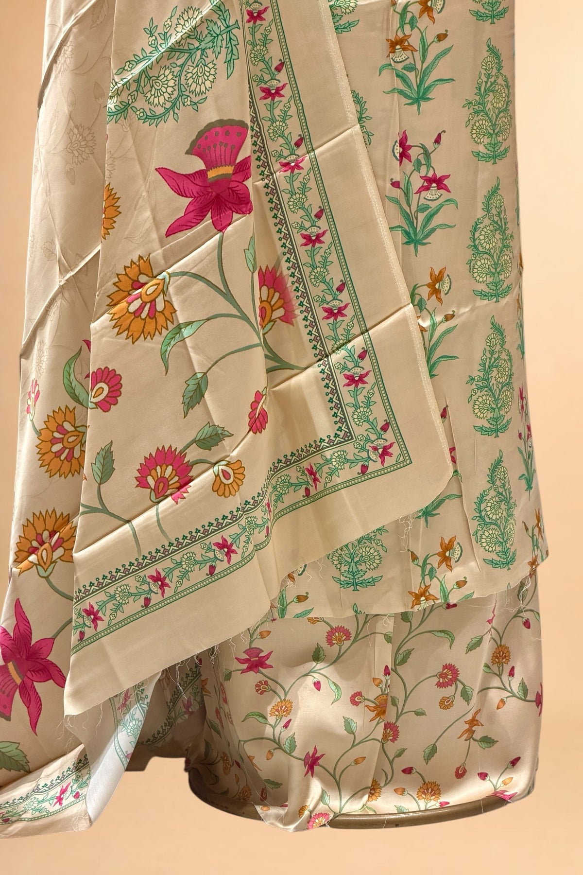 Cream Printed Pure Muslin Silk Unstitched Suit Set