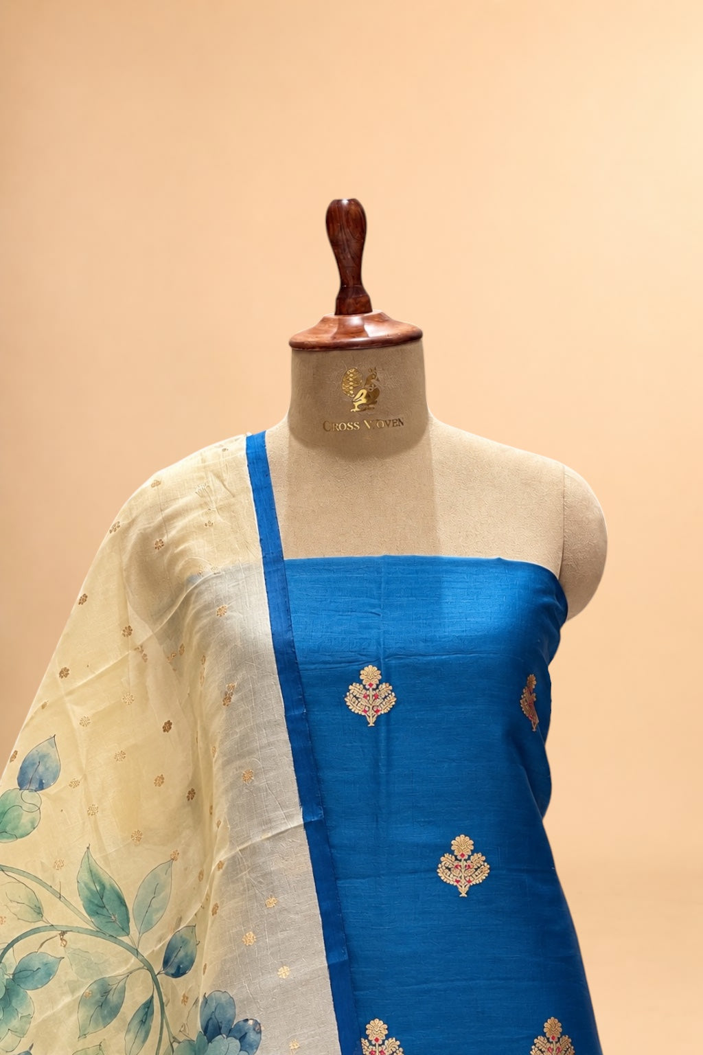 Deep Blue Organza Silk Suit Set with Hand Brush Painted Dupatta