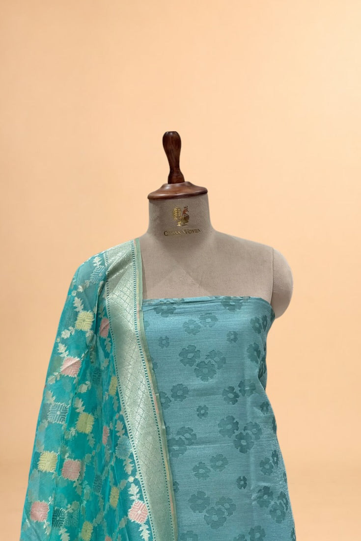 Dusty Blue Banarasi Pure Fine Raw Silk Suit Set with Meena Kora Net Dupatta