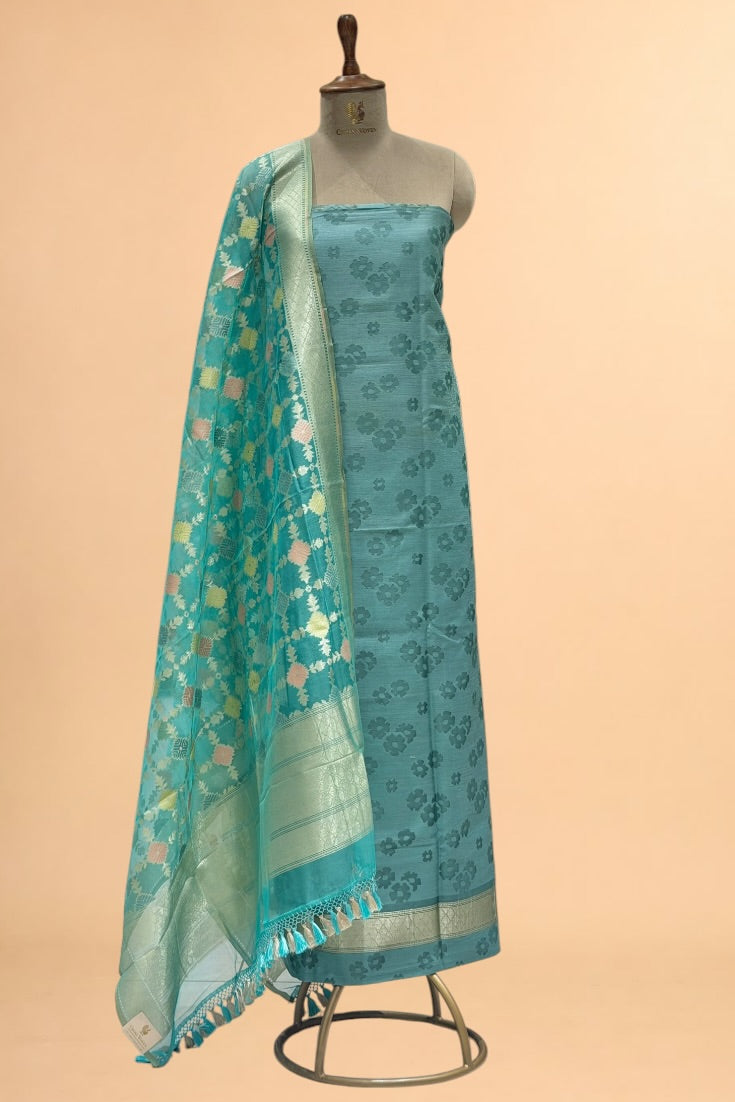 Dusty Blue Banarasi Pure Fine Raw Silk Suit Set with Meena Kora Net Dupatta