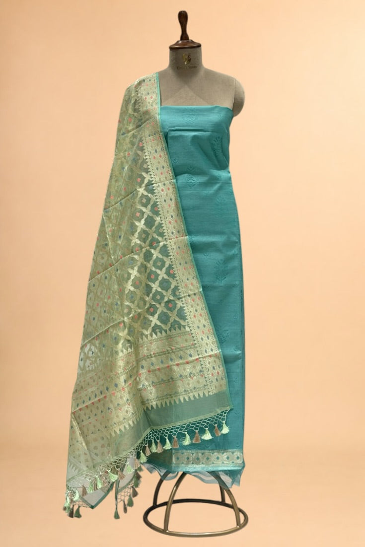 Dusty Blue Banarasi Pure Fine Raw Silk Suit Set with Meena Kora Net Dupatta